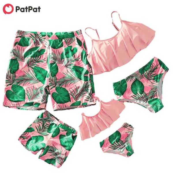 summer tankini green leaf print pink matching swimsuits 210528, Blue