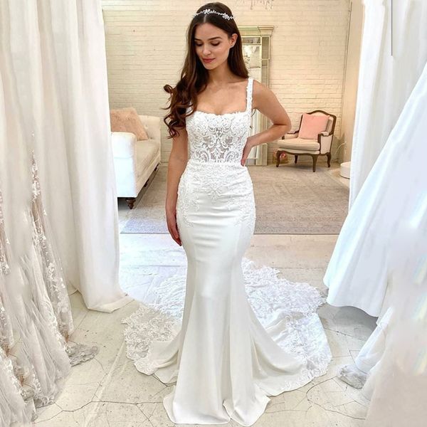 spaghetti neck lace mermaid wedding dress square collar court train corset back satin bridal gowns, White
spaghetti neck lace mermaid wedding dress square collar court train corset back satin bridal gowns, White