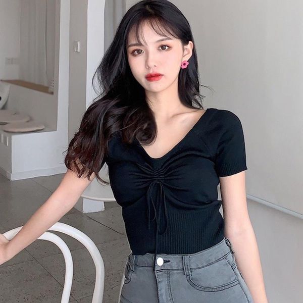 women's t-shirt women v-neck short sleeve t shirt solid color casual slim knitted summer shirts, White
women's t-shirt women v-neck short sleeve t shirt solid color casual slim knitted summer shirts, White