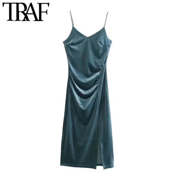 women chic fashion front slit pleated velvet midi dress vintage backless thin straps female dresses vestidos mujer 210507, Black;gray
women chic fashion front slit pleated velvet midi dress vintage backless thin straps female dresses vestidos mujer 210507, Black;gray