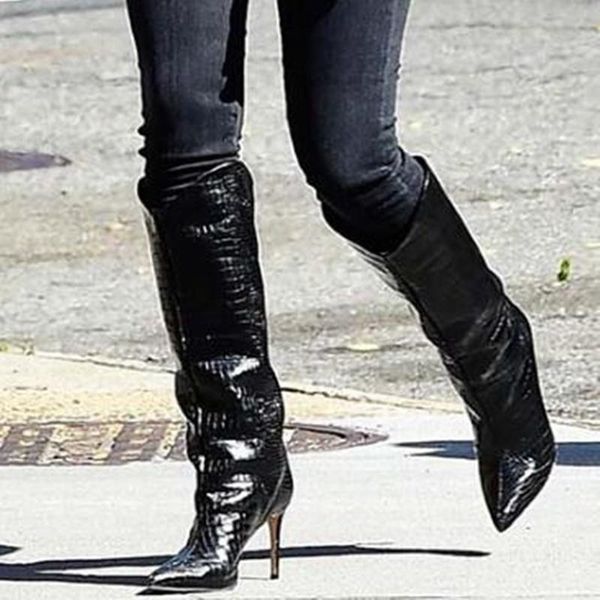 boots black python leather knee high pointed toe thin heels snakeskin printed tall party dress shoes size 42
boots black python leather knee high pointed toe thin heels snakeskin printed tall party dress shoes size 42