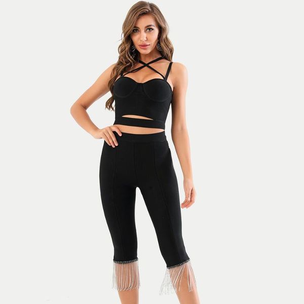women's tracksuits sleeveless spaghetti strap blouse and five-point pants bandage set 2021 spring diamond tassel party 2-piece, Gray
women's tracksuits sleeveless spaghetti strap blouse and five-point pants bandage set 2021 spring diamond tassel party 2-piece, Gray