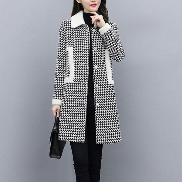 women's wool & blends spring autumn coat fashion mid-length houndstooth blended woolen coats button pocket jackets outwear, Black
women's wool & blends spring autumn coat fashion mid-length houndstooth blended woolen coats button pocket jackets outwear, Black