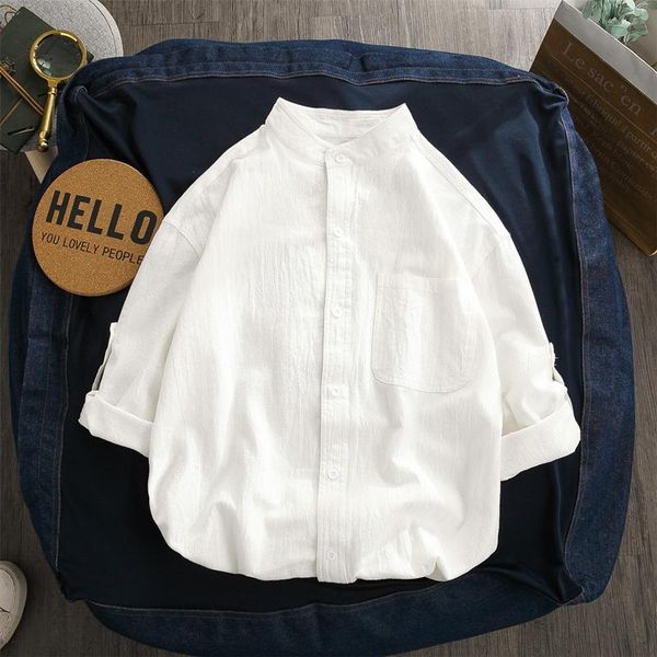 men's casual shirts cotton and linen stand-up collar five-point short sleeve plus size three-quarter sleeves, White;black
men's casual shirts cotton and linen stand-up collar five-point short sleeve plus size three-quarter sleeves, White;black
