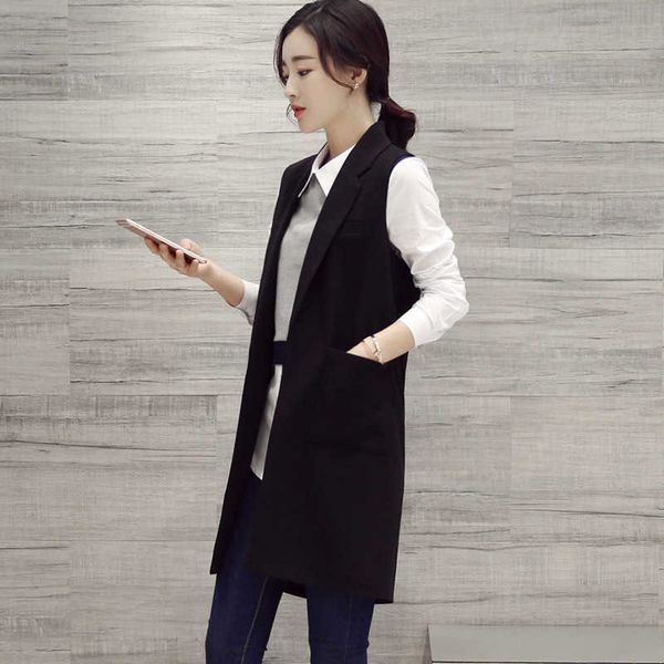 plus size women's suit fashion long waistcoat fall style solid color ladies sleeveless jacket casual coat women 210527, White;black 
plus size women's suit fashion long waistcoat fall style solid color ladies sleeveless jacket casual coat women 210527, White;black