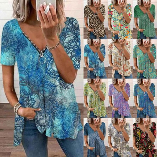 2021 summer new v-neck zipper short sleeve printed t-shirt, White 
2021 summer new v-neck zipper short sleeve printed t-shirt, White