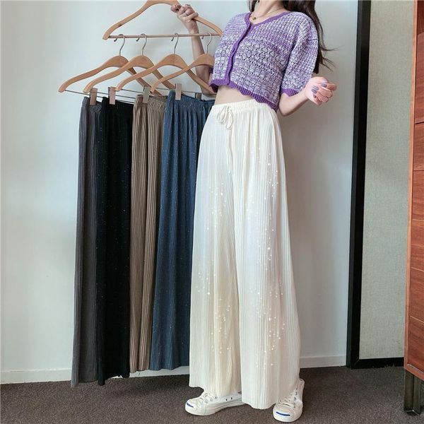 women's pants & capris summer wide leg for women casual elastic high waist 2021 fashion loose long pleated pant trousers femme wear, Black;white
women's pants & capris summer wide leg for women casual elastic high waist 2021 fashion loose long pleated pant trousers femme wear, Black;white