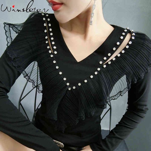 women's t-shirt fall winter clothing women european style t-shirt hollow out rivet ruffles ropa mujer long sleeve cotton, White 
women's t-shirt fall winter clothing women european style t-shirt hollow out rivet ruffles ropa mujer long sleeve cotton, White