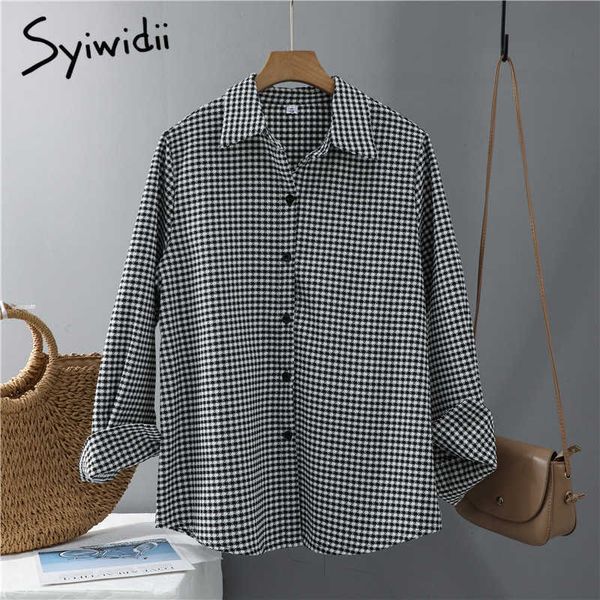 syiwidii houndstooth shirts women korean fashion long sleeve button up plaid turn-down collar casual blouses cotton 210721, White 
syiwidii houndstooth shirts women korean fashion long sleeve button up plaid turn-down collar casual blouses cotton 210721, White