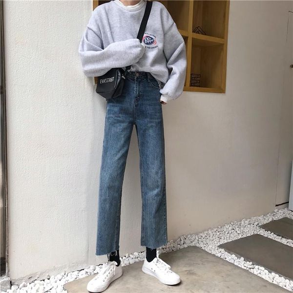 women's jeans korean vintage burrs women loose straight leg pants high waist distressed denim cropped trousers female s-2xl, Blue
women's jeans korean vintage burrs women loose straight leg pants high waist distressed denim cropped trousers female s-2xl, Blue