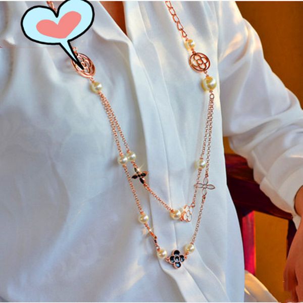 four-leaf flower pearl long sweater necklaces chain women's multi-layer creative style accessories, Silver
four-leaf flower pearl long sweater necklaces chain women's multi-layer creative style accessories, Silver