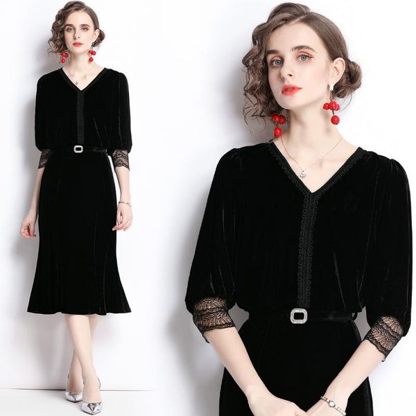 casual dresses simgent women velvet mermaid dress autumn ruffle v-neck lace up elegant vintage black jurken vestidos sg19232, Black;gray
casual dresses simgent women velvet mermaid dress autumn ruffle v-neck lace up elegant vintage black jurken vestidos sg19232, Black;gray