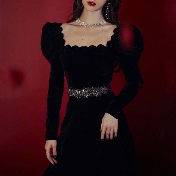 square corduroy collar sleeve long, curly-colored high-quality party temperament dress black spring feminine summer wear, Black;gray
square corduroy collar sleeve long, curly-colored high-quality party temperament dress black spring feminine summer wear, Black;gray