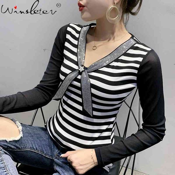 women's t-shirt spring fall korean clothes t-shirt chic diamonds bowknot striped women ropa mujer long sleeve all match, White
women's t-shirt spring fall korean clothes t-shirt chic diamonds bowknot striped women ropa mujer long sleeve all match, White