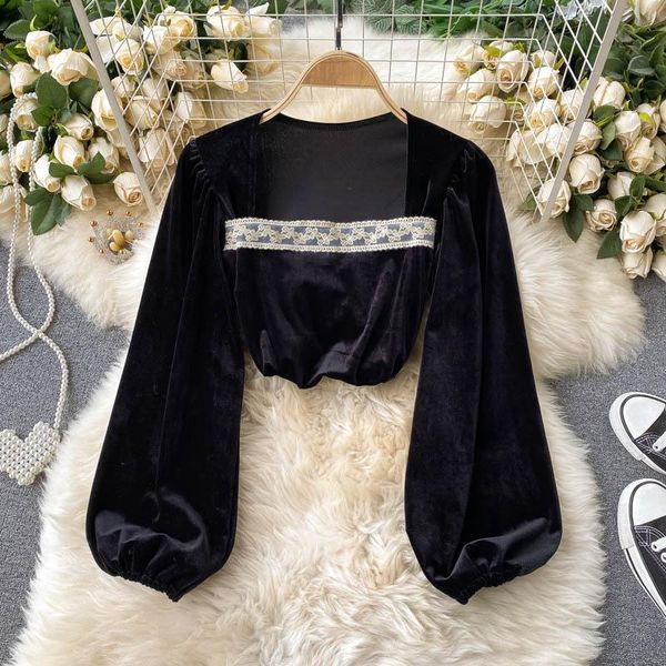 women's blouses & shirts french style foam sleeve retro velvet base coat goddess temperament lace square collar slim spring dress, White
women's blouses & shirts french style foam sleeve retro velvet base coat goddess temperament lace square collar slim spring dress, White