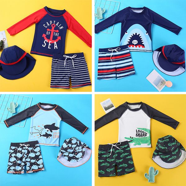 children's swimsuit dinosaur crocodile shark whale pirate ship pattern long-sleeved swim hat and shorts set kids boys swimwear quick-dr, Blue
children's swimsuit dinosaur crocodile shark whale pirate ship pattern long-sleeved swim hat and shorts set kids boys swimwear quick-dr, Blue
