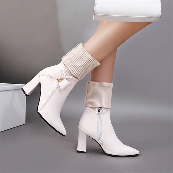 dress shoes winter the fashion pointed knitting elastic force wool boots white bow plus velvet keep warm high heel women 34-43, Black 
dress shoes winter the fashion pointed knitting elastic force wool boots white bow plus velvet keep warm high heel women 34-43, Black