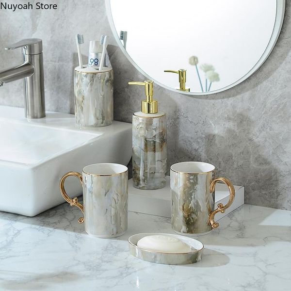 nordic bathroom supplies luxury ceramic toothbrushing cup soap liquid bottle gold rim marbled decoration accessories bath accessory set
nordic bathroom supplies luxury ceramic toothbrushing cup soap liquid bottle gold rim marbled decoration accessories bath accessory set