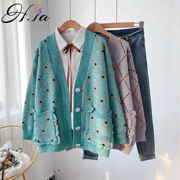 h.sa women winter sweater and cardigans ruffles argyle v neck casual knit jumpers loose style christmas knit coat sweater 210716, White;black
h.sa women winter sweater and cardigans ruffles argyle v neck casual knit jumpers loose style christmas knit coat sweater 210716, White;black