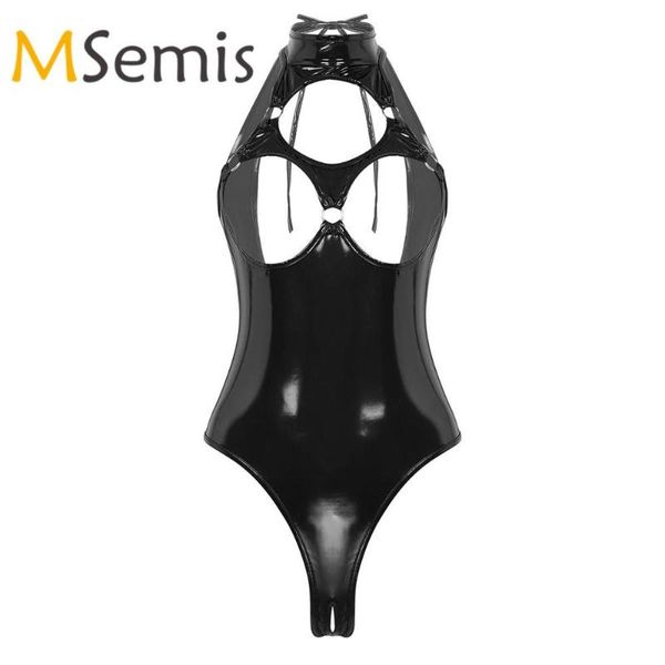 women's swimwear swimsuit wet look leather bodysuit lingerie halter neck hollow out open back crotchless thong leotard, White;black
women's swimwear swimsuit wet look leather bodysuit lingerie halter neck hollow out open back crotchless thong leotard, White;black