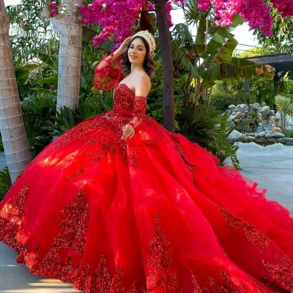 Image of Mexican Dark Red vestidos de 15 años Quinceanera Dresses with Removeable Sleeves Sequin Applique Sweet 16 Dress Long Prom Gown