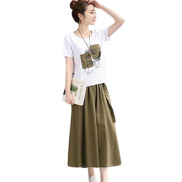 two piece dress summer women's suit fashion print short-sleeved cotton linen t-shirt+linen long skirt set clothes female, White
two piece dress summer women's suit fashion print short-sleeved cotton linen t-shirt+linen long skirt set clothes female, White