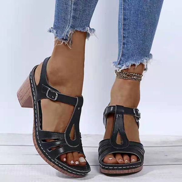 summer sandals women's metal buckle sewing hollow thick high heel comfortable large, Black
summer sandals women's metal buckle sewing hollow thick high heel comfortable large, Black