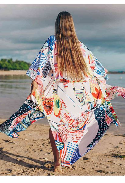 

women's swimwear abstract print beach kimono long cardigan side slit holiday bikini cover-up with sashes summer outing 3y1q, White;black