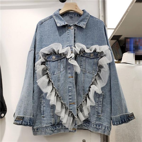 women's jackets 2021 autumn design turn down collar denim jeans gauze lace love heart patchwork cute casual loose jacket coat casaco, Black;brown
women's jackets 2021 autumn design turn down collar denim jeans gauze lace love heart patchwork cute casual loose jacket coat casaco, Black;brown