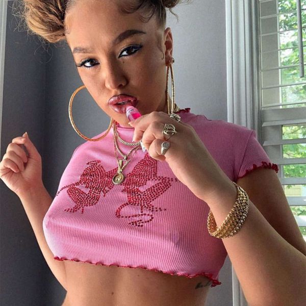 women's t-shirt summer fashion ear edge round neck open navel drill ytdi, White 
women's t-shirt summer fashion ear edge round neck open navel drill ytdi, White