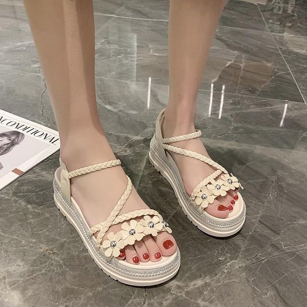 sandals platform wedge women weave narrow band shoes summer outdoor casual open toe thick sole mujer, Black