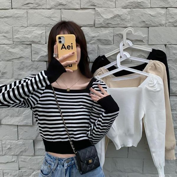 woman striped square collar womens sweater clothes long sleeve autumn winter puff, White;black
woman striped square collar womens sweater clothes long sleeve autumn winter puff, White;black