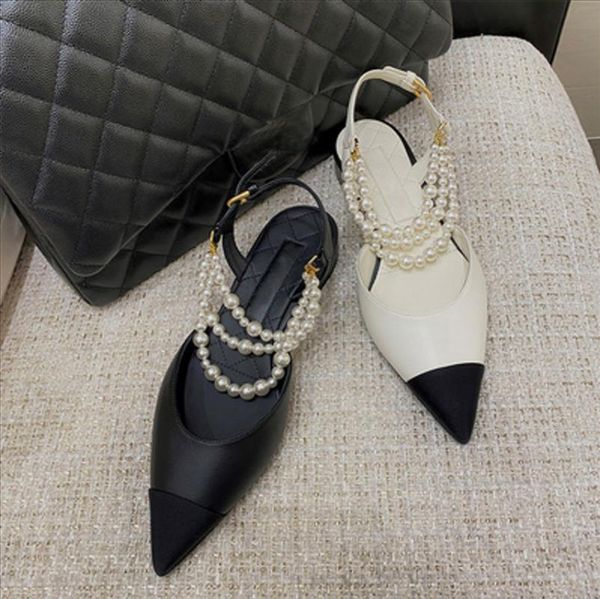 sandals 2021 designer pearl chain color matching pointed flat bottom french ladies leather, Black
sandals 2021 designer pearl chain color matching pointed flat bottom french ladies leather, Black