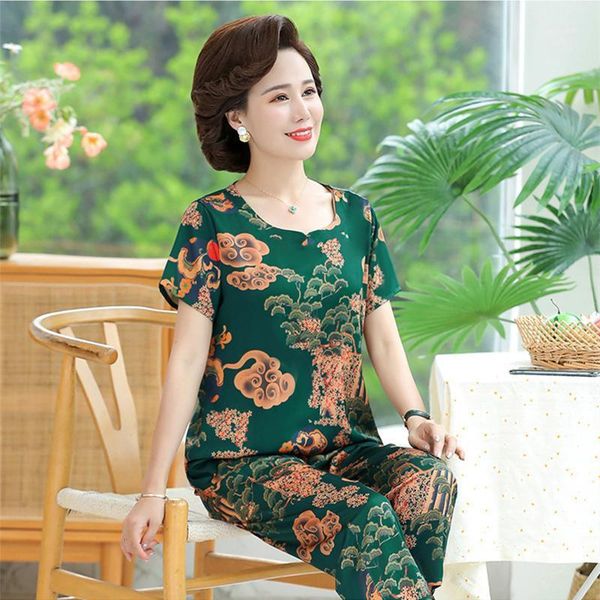 women's two piece pants 2021 summer fashion middle-aged mother suit round neck short sleeve print floralt-shirt two-piece, White
women's two piece pants 2021 summer fashion middle-aged mother suit round neck short sleeve print floralt-shirt two-piece, White