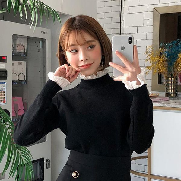 women's sweaters 2021 autumn and winter korean ruffled stitching elegant, White;black
women's sweaters 2021 autumn and winter korean ruffled stitching elegant, White;black