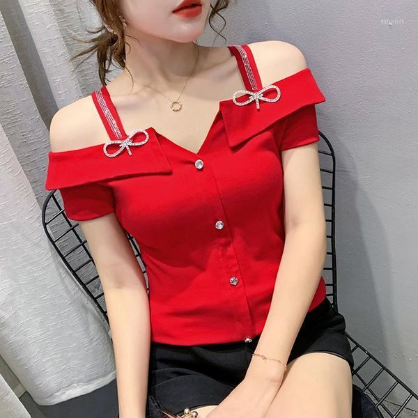 summer women's strapless neckline fashion t-shirt short-sleeved bow off the shoulder female blusas, White
summer women's strapless neckline fashion t-shirt short-sleeved bow off the shoulder female blusas, White