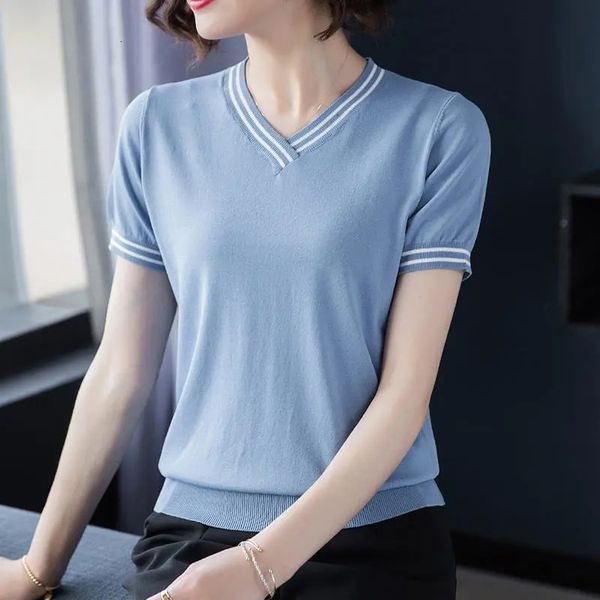 women's t-shirt summer stripe v-neck short sleeve knitted women korean style knitwear pullovers tees large size casual female, White
women's t-shirt summer stripe v-neck short sleeve knitted women korean style knitwear pullovers tees large size casual female, White