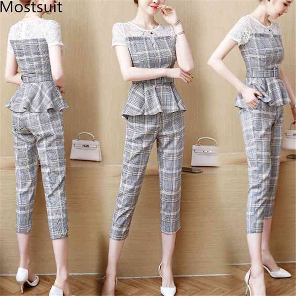 summer office plaid two piece sets outfits women plus size lace patchwork with belt and cropped pants elegant suits 210518, White
summer office plaid two piece sets outfits women plus size lace patchwork with belt and cropped pants elegant suits 210518, White