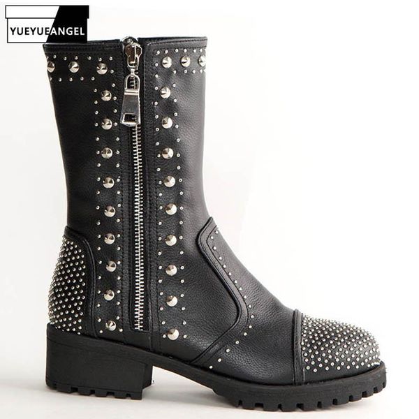 women rivet punk motorcycle boots genuine leather black female shoes rock zipper mid calf block med heel
women rivet punk motorcycle boots genuine leather black female shoes rock zipper mid calf block med heel