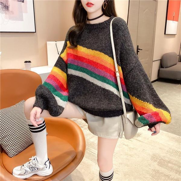 women's sweaters spring and autumn 2021 rainbow stripe sweater women loose all-match foreign-style pullover, White;black
women's sweaters spring and autumn 2021 rainbow stripe sweater women loose all-match foreign-style pullover, White;black