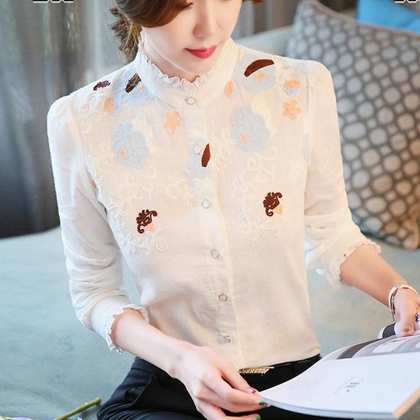 women's blouses & shirts spring fall office lady womens ruffled stand collar long sleeve embroidery white blue blouse , and for wom
women's blouses & shirts spring fall office lady womens ruffled stand collar long sleeve embroidery white blue blouse , and for wom