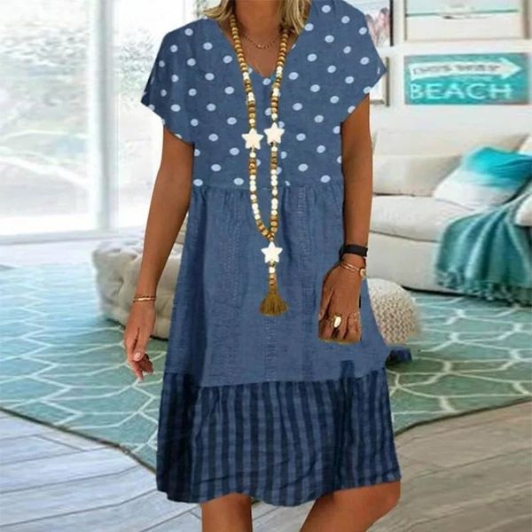 dresses new women summer v -neck short sleeve polka dot patch loose fashion casual ladies plus size dress, Black;gray 
dresses new women summer v -neck short sleeve polka dot patch loose fashion casual ladies plus size dress, Black;gray