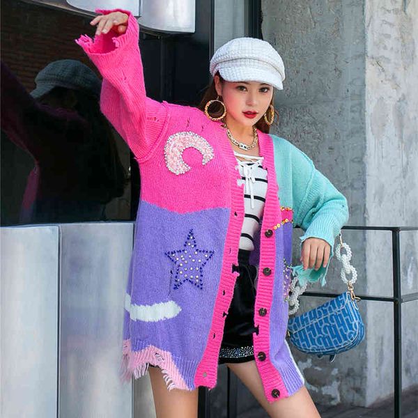 sweaters europe station autumn loose color matching beaded sweater cardigan women's mid-length lazy rainbow coat, White;black
sweaters europe station autumn loose color matching beaded sweater cardigan women's mid-length lazy rainbow coat, White;black