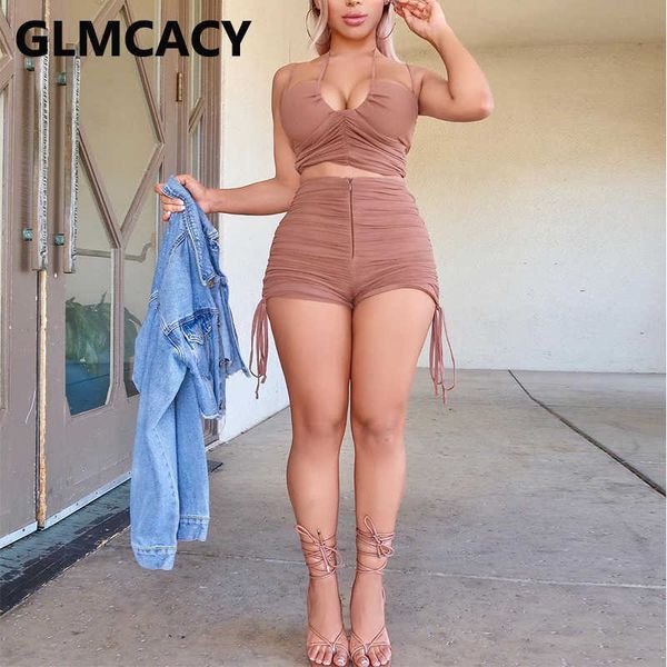 two pieces sets women halter & pleated bodycon shorts 210702, White