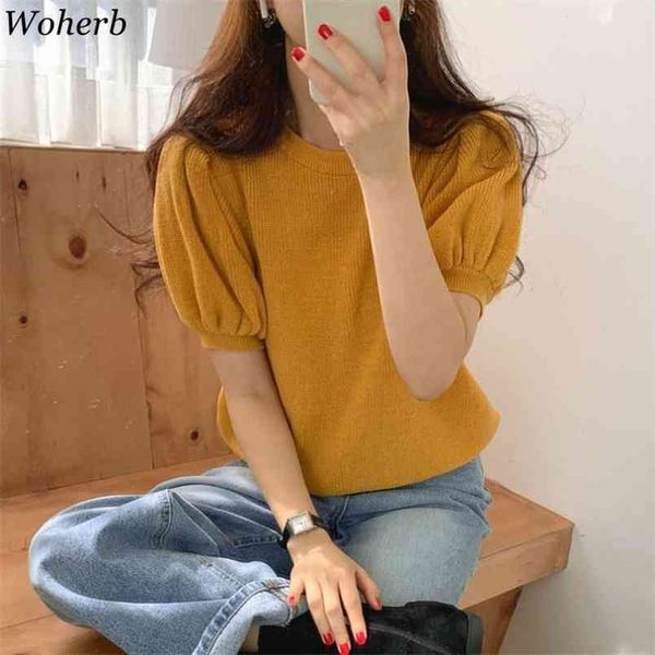 korean shirt summer knitting tees o neck short puff sleeve chic vintage solid color loose sweet t-shirt 210519, White
korean shirt summer knitting tees o neck short puff sleeve chic vintage solid color loose sweet t-shirt 210519, White