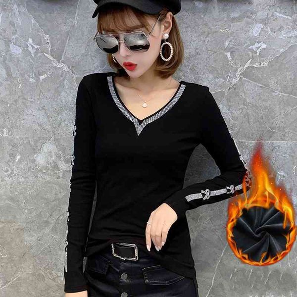 women's t-shirt korean tees v-neck diamonds tshirt women autumn winter with fleece pullover camiseta mujer bottoming shi, White
women's t-shirt korean tees v-neck diamonds tshirt women autumn winter with fleece pullover camiseta mujer bottoming shi, White