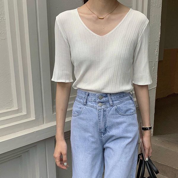 women's t-shirt knitted v-neck short sleeve women slim fit solid summer 2021 fashion simple casual all match t-shirts, White
women's t-shirt knitted v-neck short sleeve women slim fit solid summer 2021 fashion simple casual all match t-shirts, White