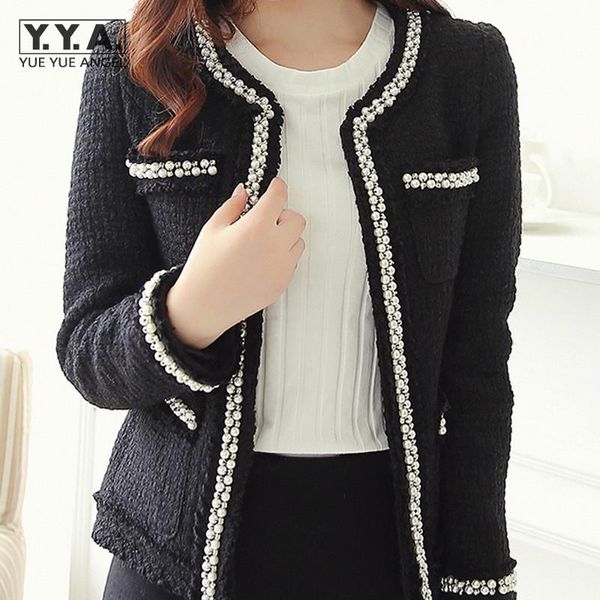 women's jackets 2021 spring autumn office ladies tweed jacket french vintage o-neck long sleeve pearls short women elegant cardigan coa, Black;brown
women's jackets 2021 spring autumn office ladies tweed jacket french vintage o-neck long sleeve pearls short women elegant cardigan coa, Black;brown