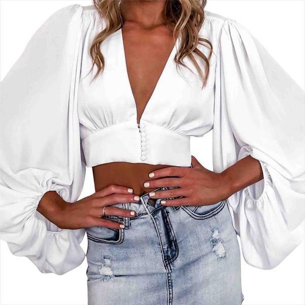 v neck solid womens shirt puff sleeve crop white long blouse ladies