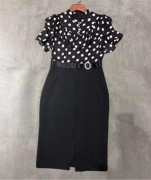 dress summer fashion bodycon women polka dot print patchwork ruffle deco short sleeve split pencil dress, Black;gray
dress summer fashion bodycon women polka dot print patchwork ruffle deco short sleeve split pencil dress, Black;gray